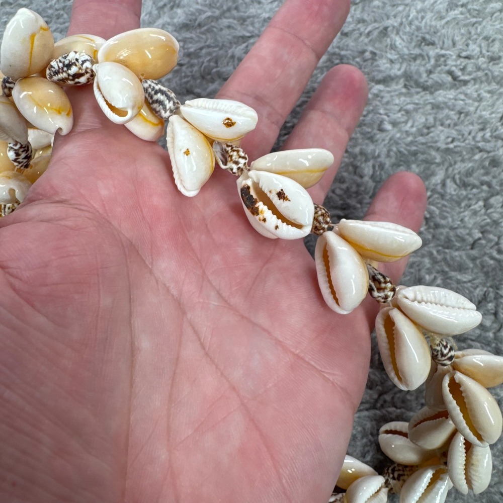 Natural Cowrie Shell Lei Necklace 36 Inch Long Beach Coastal Boho Cream Tan